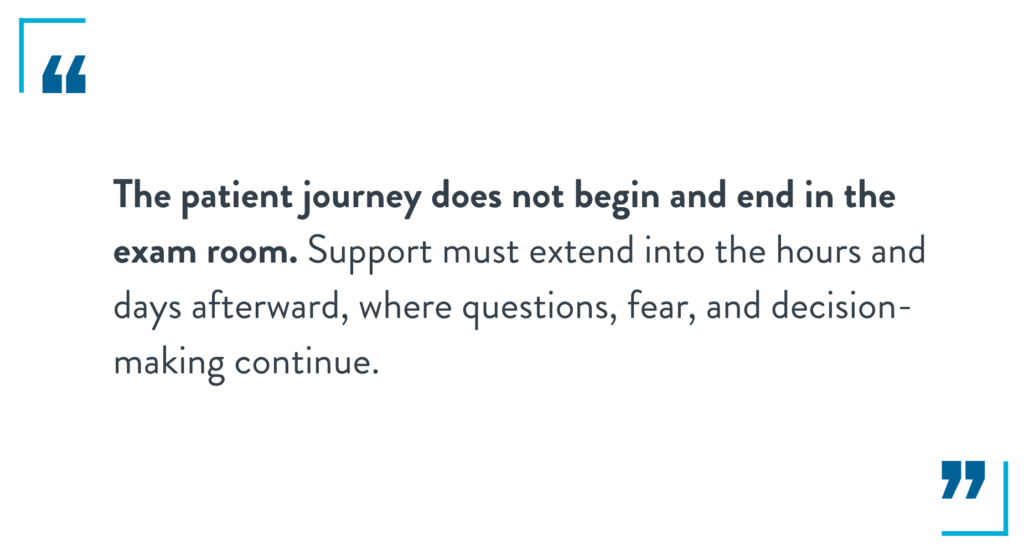 The patient journey does not begin and end in the exam room. Support must extend into the hours and days afterward, where questions, fear, and decision-making continue. 